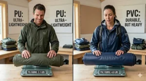 An infographic comparing the weight of PU versus PVC raincoat materials.