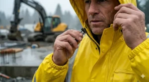 Man adjusting the drawstring hood on a professional-grade PVC raincoat for work