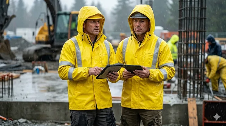 Professional worker wearing a heavy-duty yellow PVC raincoat for work in rainy conditions
