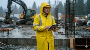 Worker wearing a full-length PVC raincoat for work to ensure complete dry protection