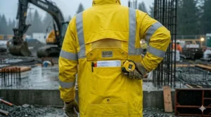 Functional reinforced pockets on a PVC raincoat for work for holding job site tools