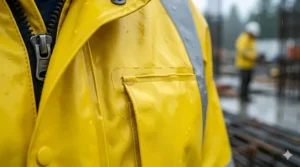 Close-up view showing the heat-sealed seams of a waterproof PVC raincoat for work