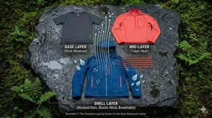 Infographic demonstrating how to layer clothes under the most waterproof rain jacket.