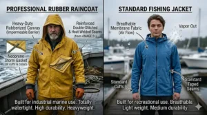 Comparison chart between professional rubber fishing raincoats and standard jackets.