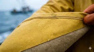 Close-up illustration showing the waterproof rubber material of a fishing raincoat.
