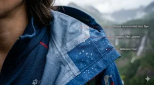 Close-up of heat-taped seams on the most waterproof rain jacket for extra leak protection.