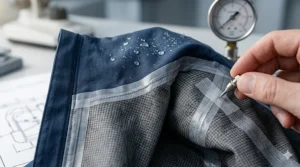 Close-up of reinforced taped seams on a high-performance breathable hiking raincoat.