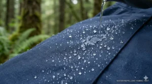 A photorealistic 4K detailed illustration showing hundreds of small water droplets beading and rolling off the textured navy blue fabric of the women's breathable waterproof raincoat, set against a blurred forest background, with the text 'WATER-REPELLENT FABRIC TEST' overlay.