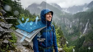 Diagram showing how the most waterproof rain jacket technology blocks rain while allowing airflow.