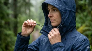 A photorealistic 4K detailed close-up illustration focusing on the adjustable hood drawstring toggle and the velcro cuff of the navy blue breathable waterproof raincoat seen on the woman in image_0.png, set against a detailed forest background.