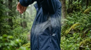 A photorealistic 4K detailed close-up illustration of the woman from image_0.png in the same mossy forest, raising her arm to reveal the partially open underarm ventilation zipper on her navy blue breathable waterproof raincoat, with realistic air-vapor plumes escaping the opening.