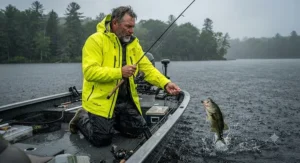 An angler on a boat wearing a bright yellow rain jacket for fishing during a heavy downpour.