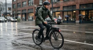 Commuter wearing a versatile rain jacket for cycling through a rainy city street