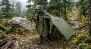 A camper setting up a shelter using a versatile hiking rain poncho with hood