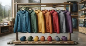 A colorful collection of best-selling packable rain jackets hung up for outdoor travel.