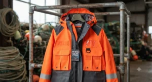 A commercial-grade rain jacket for fishing displayed on a rack, highlighting its rugged construction.