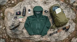 Flat lay of essential outdoor gear featuring a waterproof rain jacket for hiking