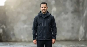 Front view of men's black rain jacket with hood up