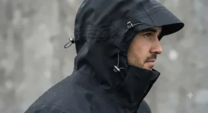 Men's black rain jacket demonstrating adjustable storm hood