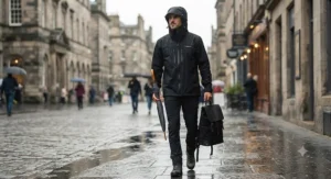 Man wearing black rain jacket walking in light city rain