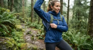A person wearing a breathable packable rain jacket with underarm zippers for ventilation.