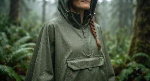 Detailed shot of a lightweight, breathable pull-over rain cover for hiking.