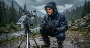 An outdoor worker in a breathable, lightweight rain jacket inspecting equipment during a storm.