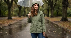 Woman wearing an olive green casual waterproof jacket under $80 with an adjustable hood.