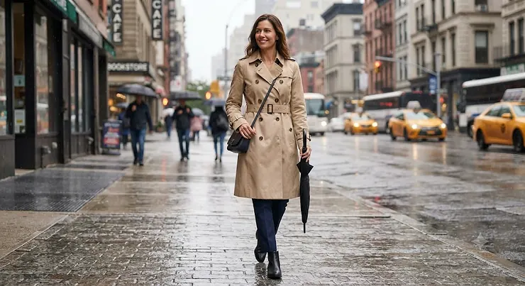A woman wearing a classic beige waterproof trench coat on a rainy city street.