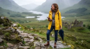 A classic, iconic yellow rain jacket for women paired with boots and an umbrella.