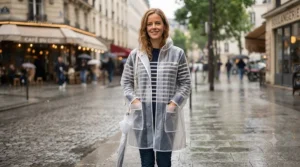 Full-length view showing the modern, oversized fit of a clear plastic rain jacket over casual clothing.