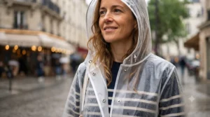 Close-up of the adjustable hood and secure snap buttons on a transparent clear plastic rain jacket.
