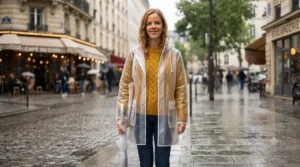 A layered outfit featuring a trendy clear plastic rain jacket styled with a colorful sweater underneath.
