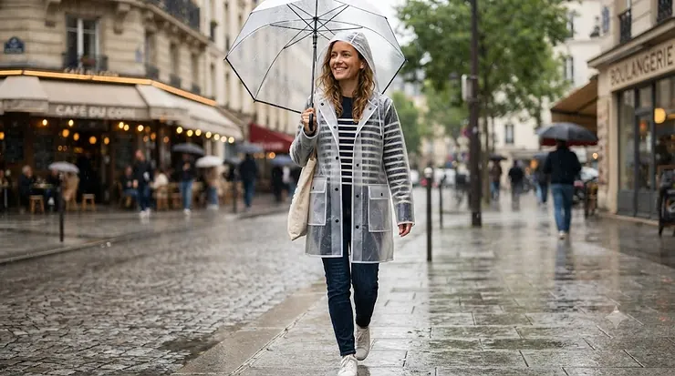 Woman wearing a stylish clear plastic rain jacket while walking in the city during a light shower.
