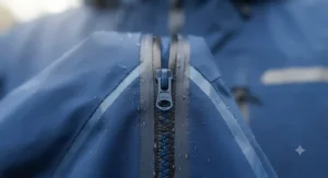 Close-up of a sealed waterproof zipper on a blue rain jacket for commuting, showing taped seams.