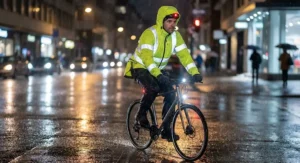 Cyclist commuting at night wearing a reflective high visibility rain jacket