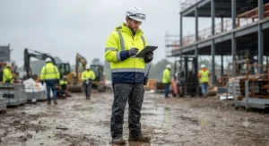 Construction worker on a job site wearing a high visibility rain jacket for safety