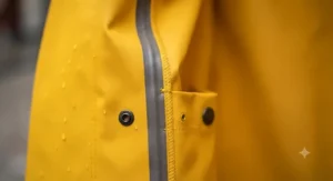 High-quality waterproof seams of an iconic yellow rain jacket for women.