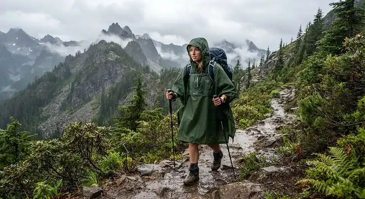 A hiker wearing a durable, high-quality reusable rain poncho while trekking on a mountain trail.