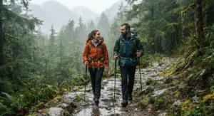 Two hikers walking together wearing high-performance rain jackets for hiking on a rainy day