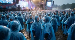 People wearing blue emergency rain ponchos purchased in bulk during an outdoor concert in the rain.
