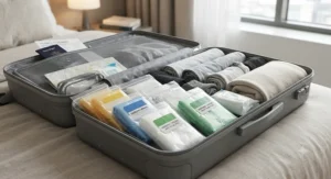 A suitcase organized with several emergency rain ponchos bought in bulk for a group trip.
