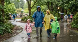 A family enjoying an outdoor park visit while wearing colorful reusable rain ponchos.
