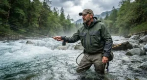 A fly fisherman wading in a rushing river wearing a durable rain jacket for fishing.