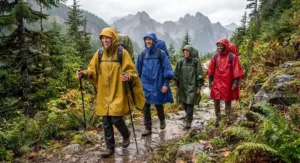A group of friends hiking in the rain wearing colorful hiking rain ponchos with hoods