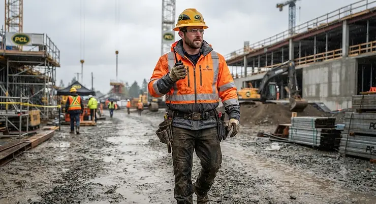 A construction worker wearing a durable, high-visibility waterproof rain jacket on a job site. rain jacket for outdoor workers