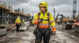 Construction worker dressed in a hi-vis rain jacket with reflective strips for site safety.