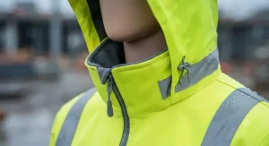 Close up of a high visibility rain jacket hood and weather resistant collar