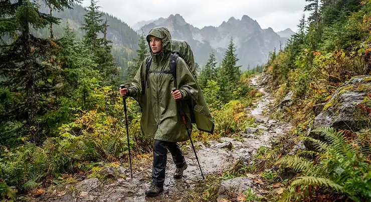 A hiker wearing a durable hiking rain poncho with hood while trekking on a mountain trail