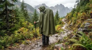 A versatile hiking rain poncho with hood designed to fit over a full-sized backpack